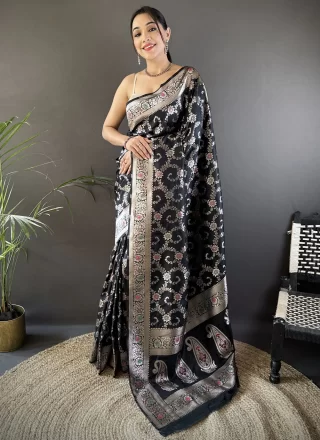 Black Banarasi Silk Weaving and Zari Work Contemporary Sari