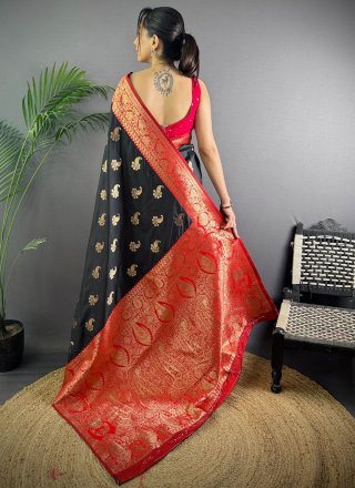 Black Banarasi Silk Weaving Work Contemporary Saree for Ceremonial