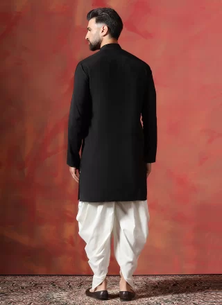 Black Blended Cotton Dhoti Kurta In Plain