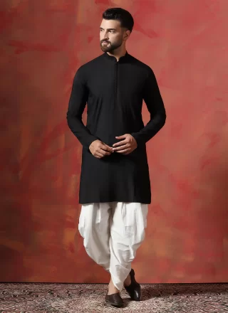 Black Blended Cotton Dhoti Kurta In Plain
