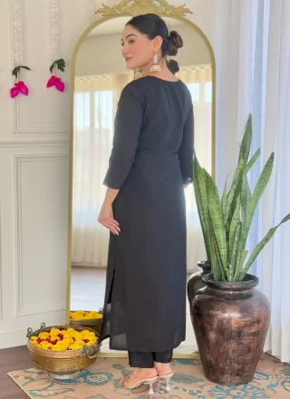 Black Chanderi Pant Style Suit with Embroidered and Print Work for Casual