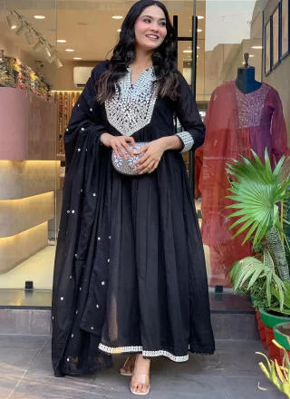 Black Chanderi Salwar Suit with Embroidered and Mirror Work for Ceremonial