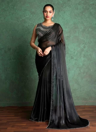 Black Chiffon Plain Work Classic Sari