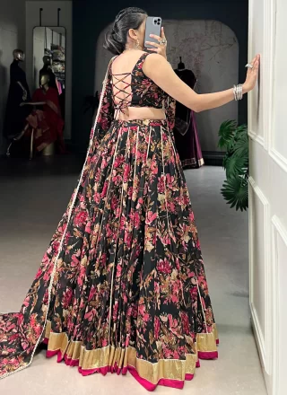 Black Chiffon Readymade Lehenga Choli with Floral Patch, Foil Print and Lace Work