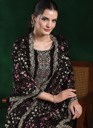 Black Chiffon Salwar Suit with Cut Dana, Embroidered and Zari Work