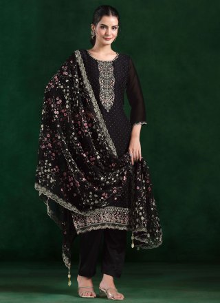 Black Chiffon Salwar Suit with Cut Dana, Embroidered and Zari Work