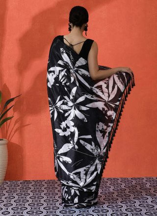 Black Chinon Classic Sari with Digital Print Work