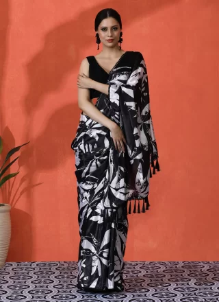 Black Chinon Classic Sari with Digital Print Work