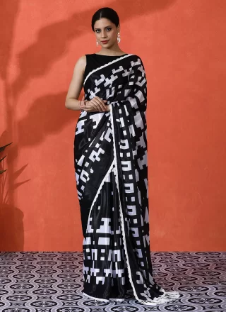 Black Chinon Contemporary Saree with Digital Print Work
