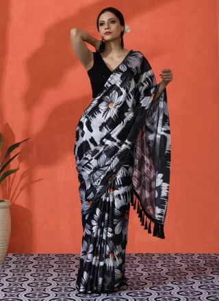 Black Chinon Digital Print Work Classic Sari