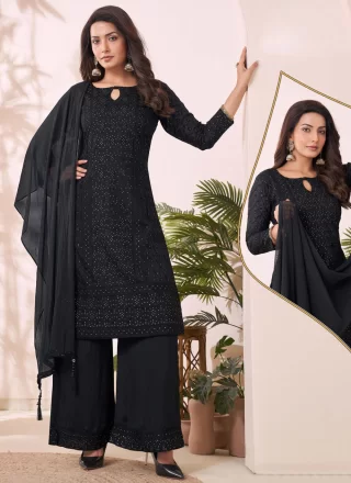 Black Chinon Embroidered and Thread Work Salwar Suit