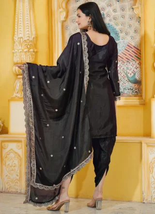Black Chinon Embroidered, Sequins and Zari Work Readymade Salwar Suit