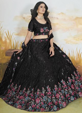 Black Chinon Floral Patch, Sequins and Thread Work A - Line Lehenga Choli for Ceremonial