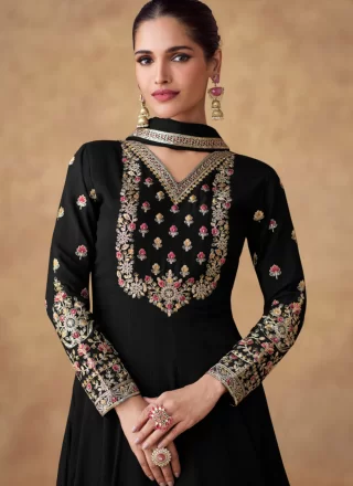 Black Chinon Gown with Embroidered, Sequins and Zari Work
