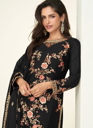 Black Chinon Palazzo Salwar Suit with Embroidered and Floral Patch Work