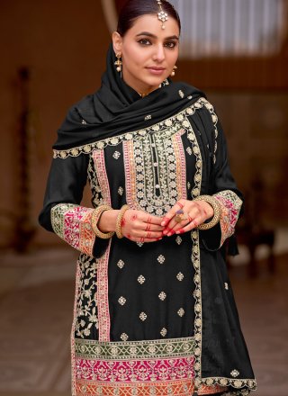 Black Chinon Palazzo Salwar Suit with Embroidered, Mirror and Zari Work