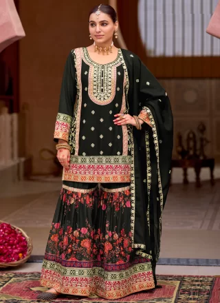 Black Chinon Palazzo Salwar Suit with Embroidered, Mirror and Zari Work