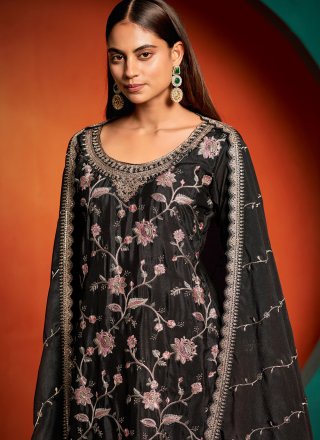 Black Chinon Palazzo Salwar Suit with Embroidered, Thread and Zari Work