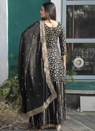 Black Chinon Readymade Lehenga Choli with Embroidered, Sequins and Zari Work