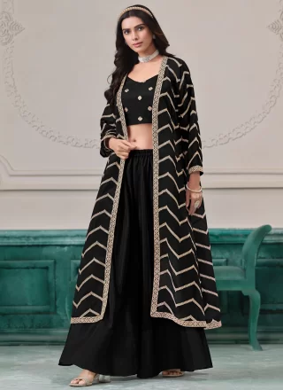 Black Chinon Readymade Salwar Suit with Embroidered and Zari Work for Ceremonial