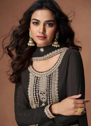 Black Chinon Readymade Style with Embroidered and Zari Work for Ceremonial