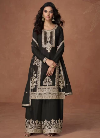 Black Chinon Readymade Style with Embroidered and Zari Work for Ceremonial