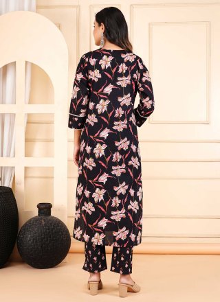 Black Cotton Embroidered and Print Work Salwar Suit for Ceremonial