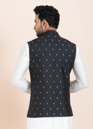 Black Cotton Jacquard Work Nehru Jackets