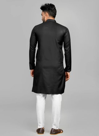Black Cotton Kurta Pyjama In Plain for Engagement