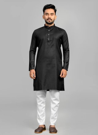 Black Cotton Kurta Pyjama In Plain for Engagement