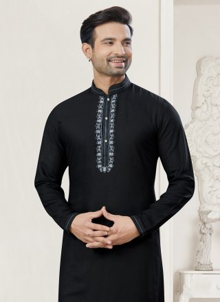 Black Cotton Kurta Pyjama with Embroidered and Pintex Work for Ceremonial
