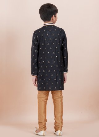 Black Cotton Kurta Pyjama with Jacquard Work for Kid