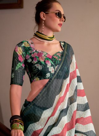 Black Cotton Silk Strips Print Work Classic Saree