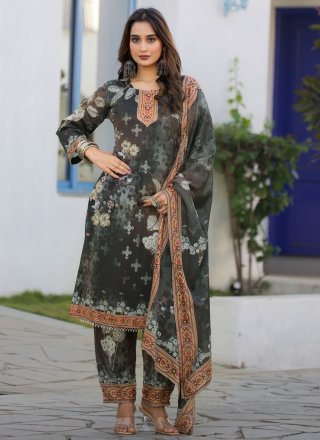 Black Digital Print and Hand Work Chinon Readymade Salwar Suit