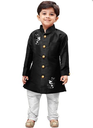 Black Dupion Silk Embroidered Work Kurta Pyjama