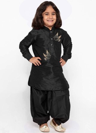 Black Dupion Silk Embroidered Work Kurta Pyjama