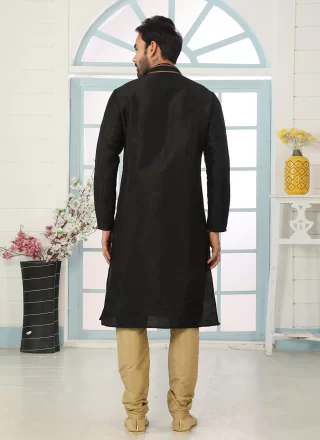Black Dupion Silk Embroidered Work Kurta Pyjama
