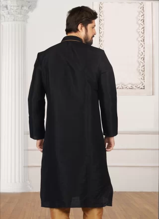 Black Dupion Silk Embroidered Work Kurta Pyjama for Engagement
