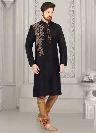 Black Dupion Silk Embroidered Work Kurta Pyjama for Engagement