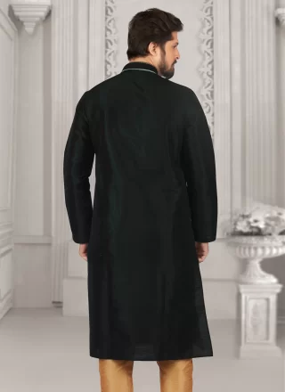 Black Dupion Silk Embroidered Work Kurta Pyjama for Festival