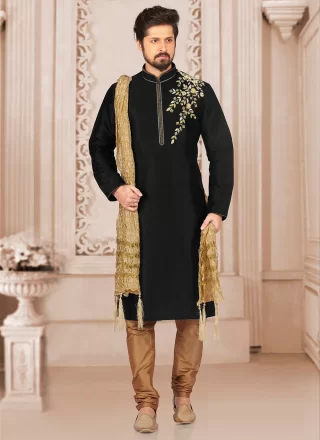 Black Dupion Silk Embroidered Work Kurta Pyjama for Festival
