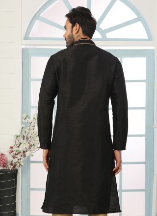 Black Dupion Silk Kurta Mens Wear with Embroidered Work