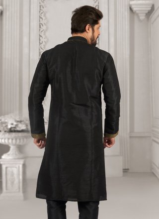 Black Dupion Silk Kurta Pyjama In Plain