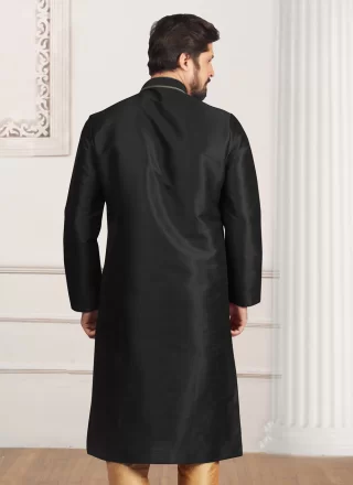 Black Dupion Silk Kurta Pyjama with Embroidered Work for Ceremonial
