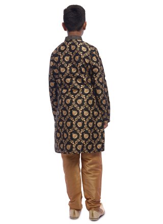Black Dupion Silk Kurta Pyjama with Embroidered Work for Kid