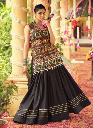 Black Embroidered and Gamthi Work Banglori Silk Lehenga Choli
