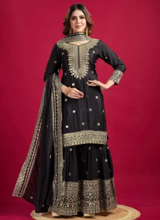 Black Embroidered, Sequins and Zari Work Chinon Palazzo Salwar Suit