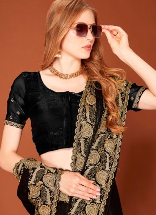 Black Embroidered, Zari and Zircon Work Fandy Contemporary Saree