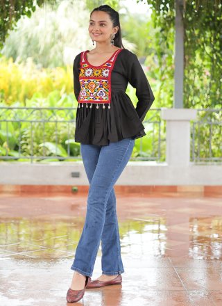 Black Fancy Fabric Gamthi Work Party Wear Kurti for Ceremonial