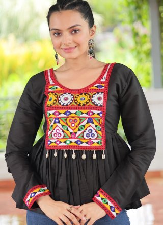 Black Fancy Fabric Gamthi Work Party Wear Kurti for Ceremonial